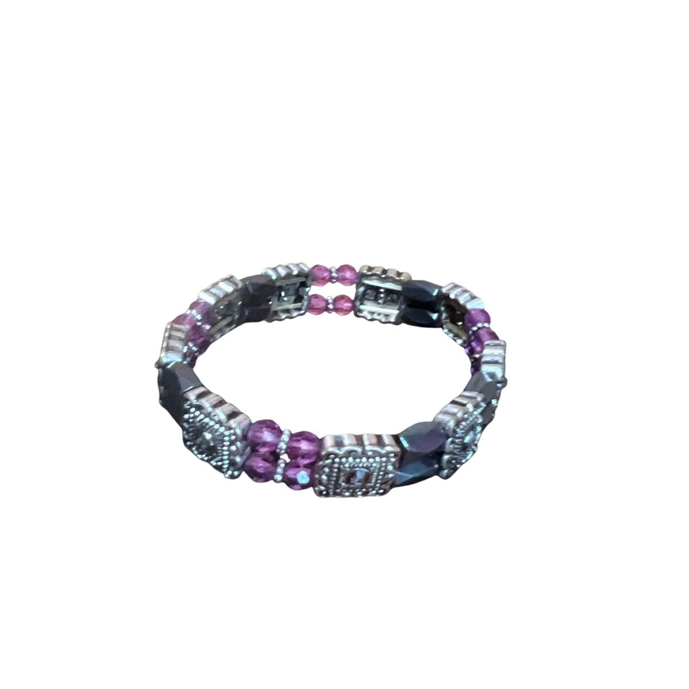 Vintage Beaded Stretch Bracelet Silver Tone Purple Black Costume Jewelry
